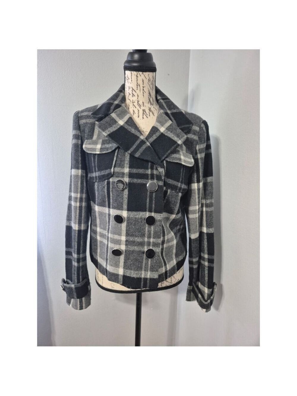 Women's Worthington Black Grey Plaid Pea Coat Size M